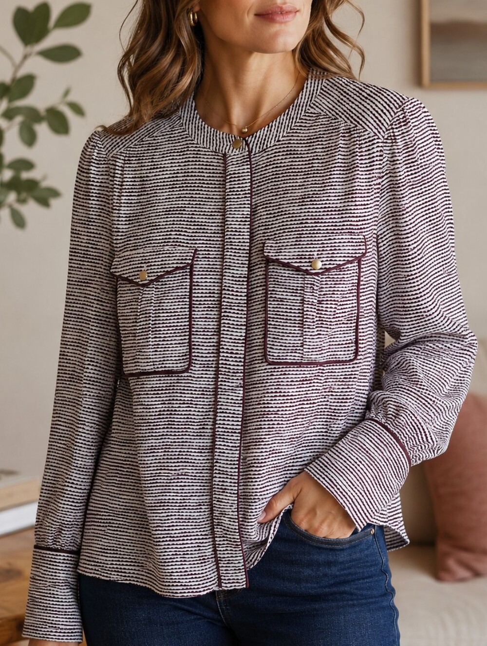 Me + Em Scallop Stripe Button Up Down Blouse Top Shirt